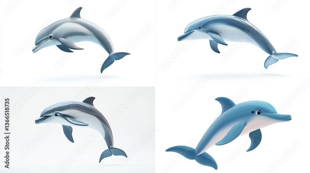 Naklejka premium Four playful dolphins leaping, isolated on white.