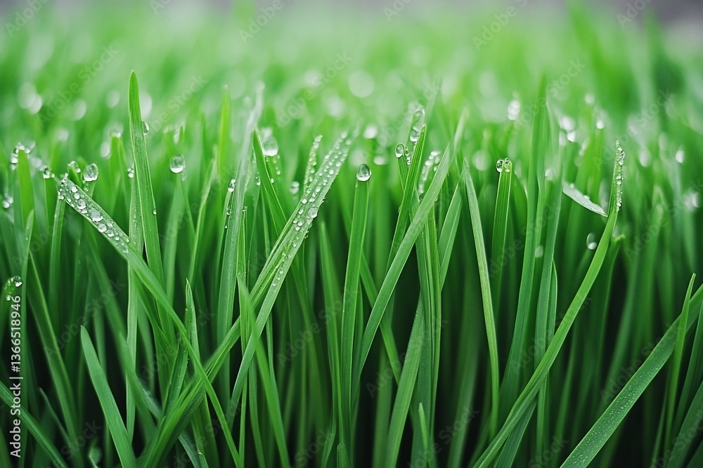 Obraz premium Close-up of dew drops on vibrant green grass blades.