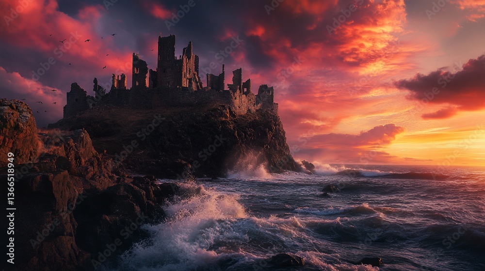 Fototapeta premium Dramatic sunset over coastal castle ruins with crashing waves.