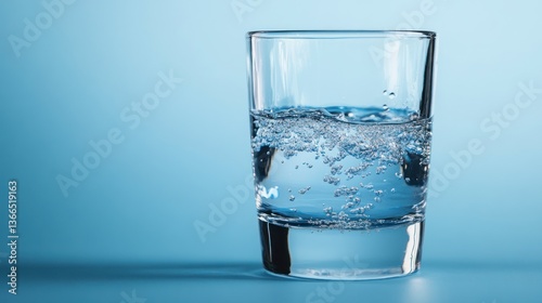 A clear glass filled with water against a blue background photo