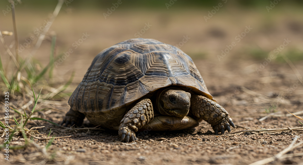 Focused tortoise portrait on earth, with shallow depth of field outdoors Focused tortoise portrait on earth, with shallow depth of field outdoors