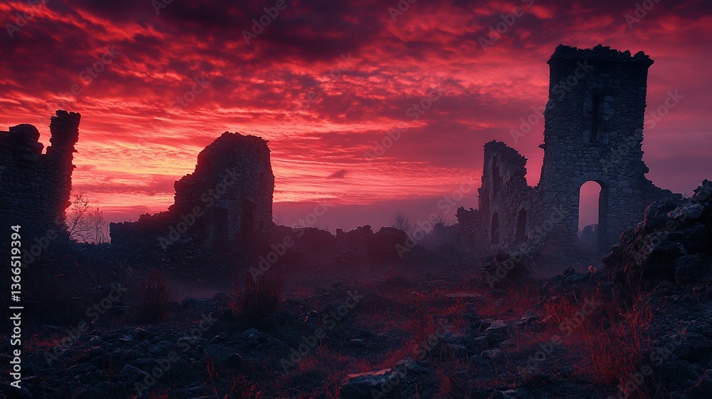 Fototapeta premium Red sunrise over ancient stone ruins and foggy field.