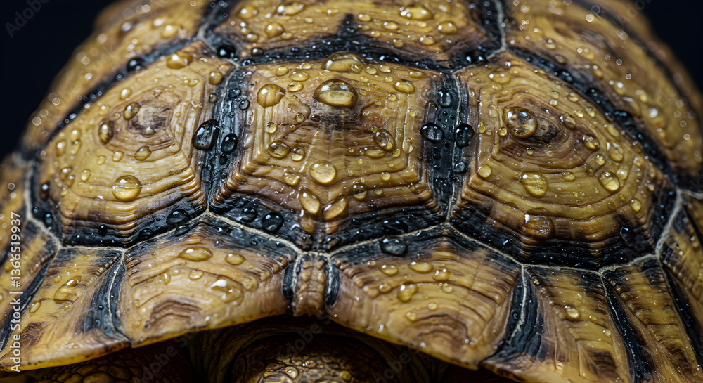 Detailed close-up of a tortoise shell with water droplets glistening atop its surface