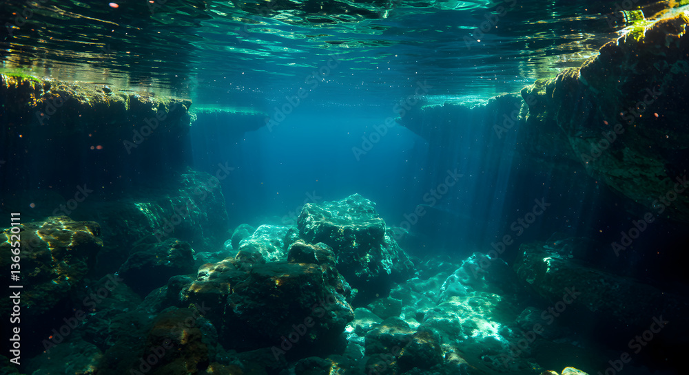 Obraz premium Mysterious underwater landscape showcasing cenote's karst formations and filtered sunlight