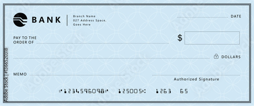 Blue Bank check, vector blank money cheque, checkbook template with guilloche pattern and fields. Currency payment coupon, money check background
