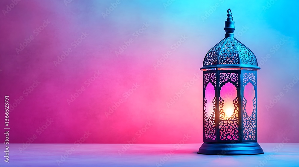 An illuminated lantern displayed on a vibrant gradient color background An illuminated lantern displayed on a vibrant gradient color background