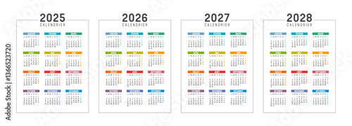 Colorful French calendar set, year 2025 2026 2027 2028 France planner, white background