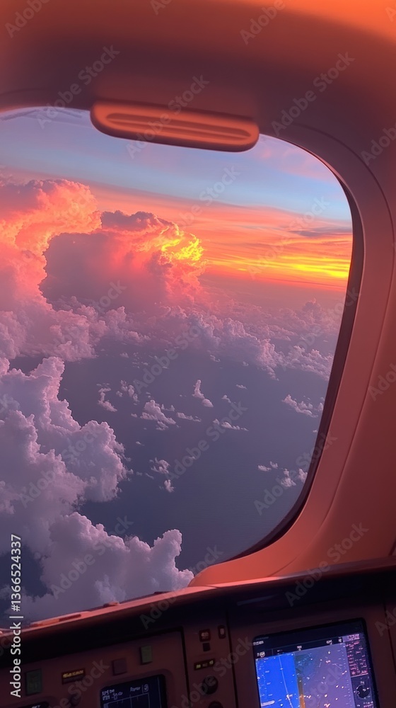 Fototapeta premium Aerial sunset view from airplane cockpit