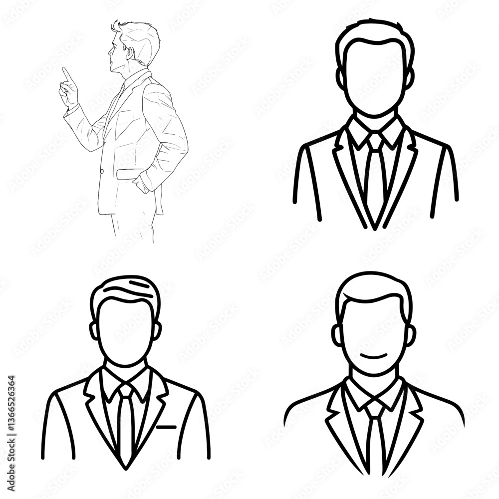 Set of minimalist line art illustrations of a man in a suit, including a profile, suit details, and various poses, perfect for business, corporate, or professional designs.
Set of minimalist line art illustrations of a man in a suit, including a profile, suit details, and various poses, perfect for business, corporate, or professional designs.