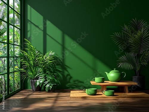 Green Room, Sunlight, Plants, Tea Set
