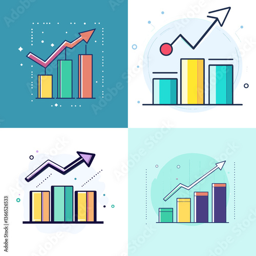Vector illustrations of bar charts and upward trending graphs, representing growth, data analysis, business success, and financial performance.

