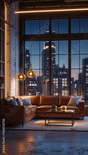 Modern industrial loft with leather sectional sofa, warm pendant lights and city skyline view through tall windows at night
