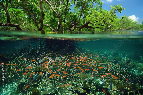 Mangrove Roots Coastal Protectors Show massive mangrove tree roots stretching into brackish water filtering pollutants while sheltering baby fish as conservationists fight deforestation