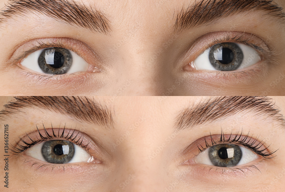 Obraz premium Woman showing her eyelashes before and after lamination procedure, closeup. Collage of photos
