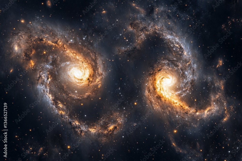 Obraz premium Two interacting spiral galaxies in deep space