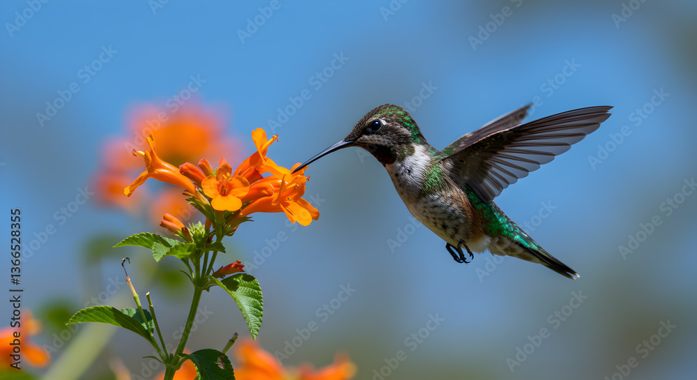 Fototapeta premium Xantus hummingbird gracefully sips nectar from vibrant Baja California flowers on blue day