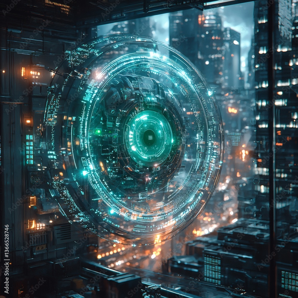 Obraz premium Futuristic city through a digital circular portal, digital world concept