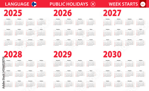 2025-2030 year calendar in Finnish language, week starts from Sunday.