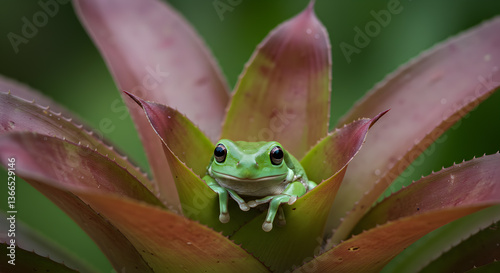 Enchanting green tree frog rests peacefully inside vibrant bromeliad petals