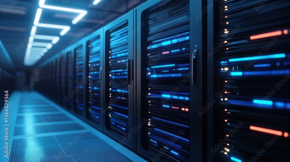 Advanced Technology Data Center with Illuminated Server Racks and High-Speed Network Cables Advanced Technology Data Center with Illuminated Server Racks and High-Speed Network Cables