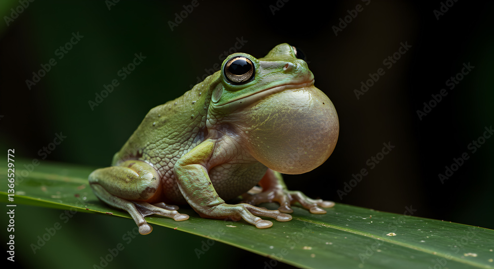 Fototapeta premium Green tree frog calling with vocal sac inflated perched on a leaf, macro