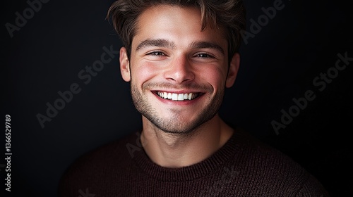 A radiant young man showcasing a warm, inviting smile against a dark backdrop, perfect for conveying joy, positivity, and confidence in personal branding or lifestyle projects. photo