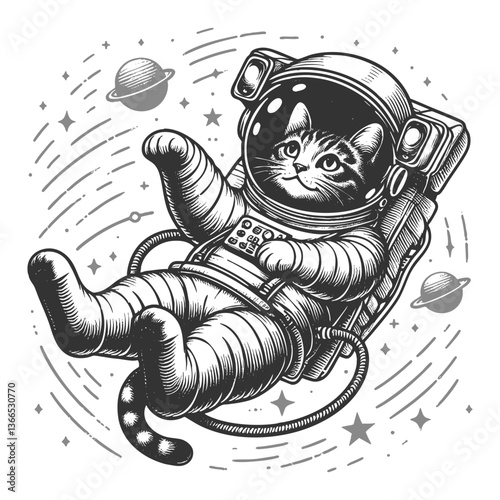 astronaut cat floating in space vector illustration