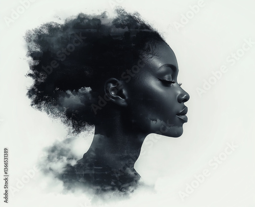 Double exposure portrait of African American woman with abstract circles