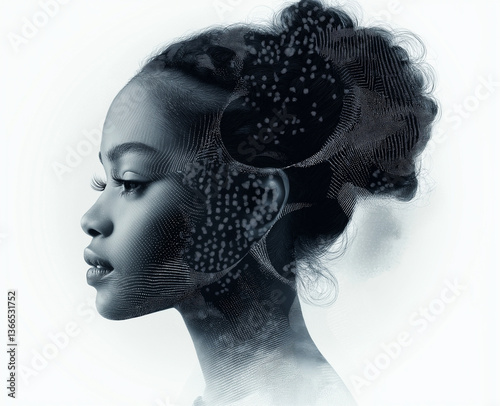 Double exposure portrait of African American woman with abstract circles