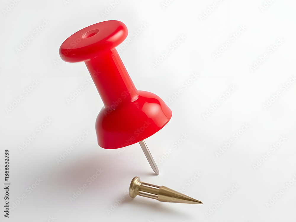 Red Push Pin and Brass Tack on White Background Office Supplies, Stationary for Marking, Fastening. Red Push Pin and Brass Tack on White Background Office Supplies, Stationary for Marking, Fastening.