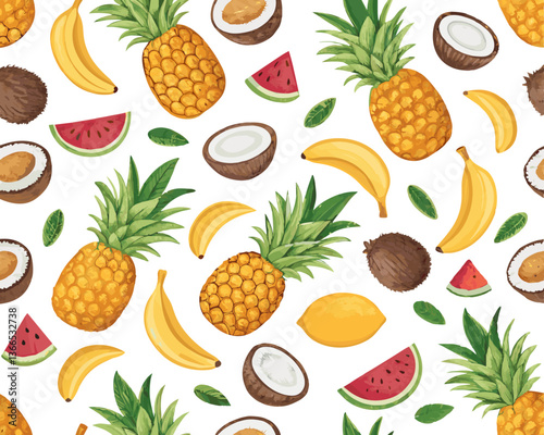 Tropical fruit pattern with pineapples, bananas, and watermelons  