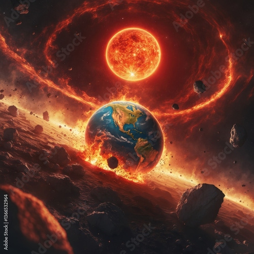 Dramatic depiction of Earth engulfed in apocalyptic events with fiery celestial activity nearby. Asteroids and cosmic turmoil surround a glowing, intense planetary scene symbolizing destruction