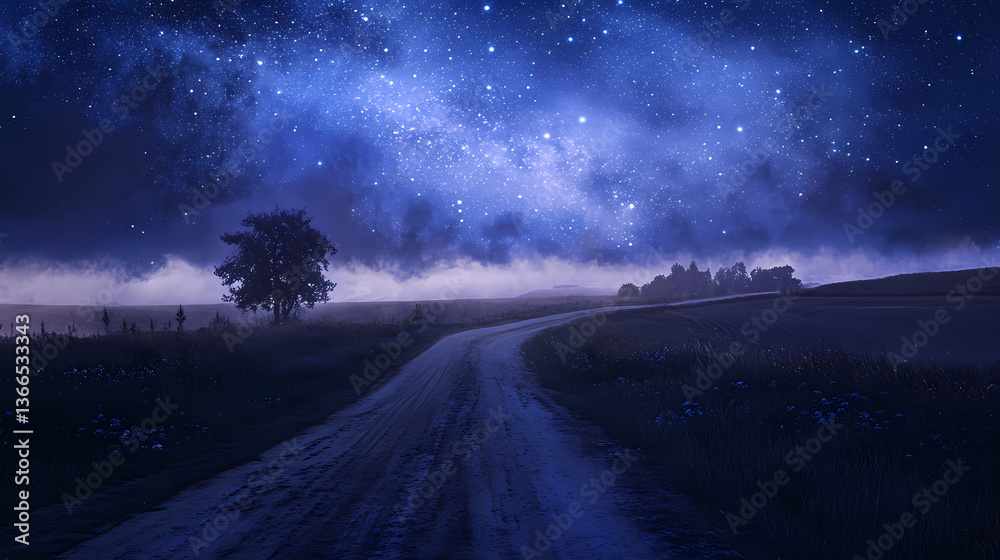 Fototapeta premium A starry night sky over a lonely road, with a gentle mist shrouding the horizon, a celestial canvas above a dark, almost forgotten path. Celestial Mist. Illustration