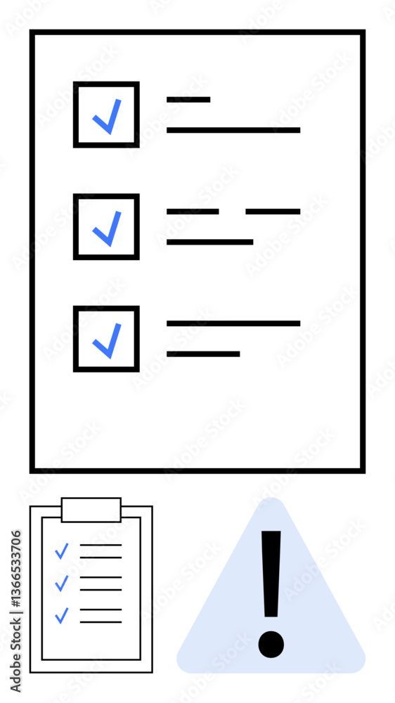 Detailed checklist with ticked items, clipboard, and caution triangle. Ideal for productivity, organization, priorities, planning, focus workflow attention. Minimal flat simple metaphor Detailed checklist with ticked items, clipboard, and caution triangle. Ideal for productivity, organization, priorities, planning, focus workflow attention. Minimal flat simple metaphor