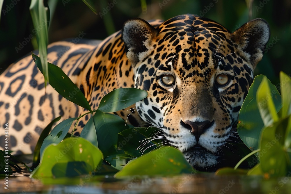 Obraz premium Pantanal Wetlands Conservation Jaguar Population Boom Strict conservation law have turned Pantanal into world best place jaguar sighting Show jaguar resting riverbank golden eye scanning water prey