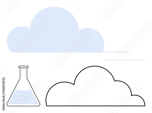 Laboratory flask filled with liquid alongside blue and outlined clouds symbolizing science, environment, innovation, research, sustainability, education, and climate change. Ideal for eco-friendly