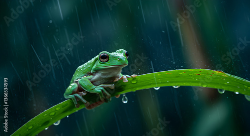 Australian green tree frog sitting on a leaf in heavy tropical rain shower