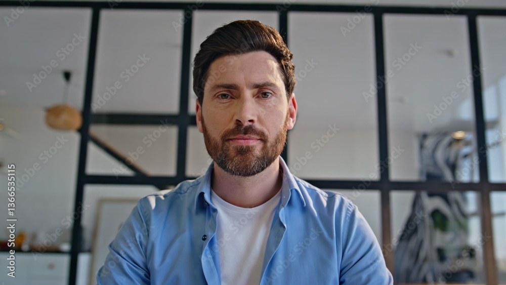 Fototapeta premium Man tutor talking online meeting video call sitting home office closeup pov view