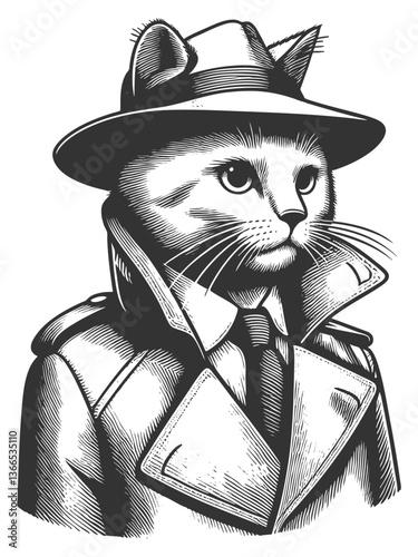 Detective Cat in Trench Coat and Fedora vector