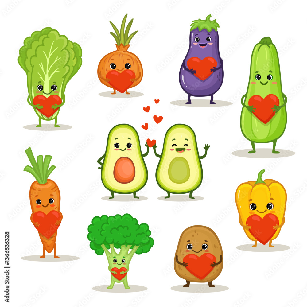 Fotografie Cute cartoon vegetables on a white