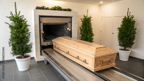 A somber wooden casket moves along a metal track entering a cremation chamber within a serene funeral home surrounded by potted evergreens providing a peaceful atmosphere for final farewells