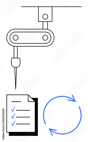 Robotic arm with precision tool, a checklist with completed tasks, and circular arrows for iteration. Ideal for automation, precision, quality control, development, process, workflow innovation