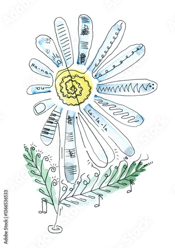 Fototapeta Naklejka Na Ścianę i Meble -  This illustration is done in a light, airy style using watercolors and graphics. The central element of the composition is a stylized flower reminiscent of a chamomile.