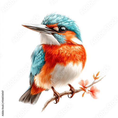 Vibrant Kingfisher Perched: A beautifully illustrated kingfisher, its vibrant plumage a symphony of turquoise, orange, and white.