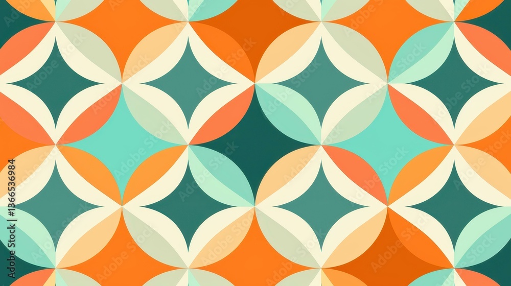 Discover a vibrant midcentury modern seamless pattern adorned with geometric floral shapes in bold, retro colors.