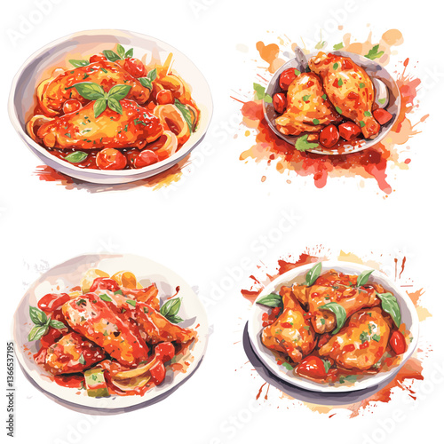 Set of delicious pasta dishes with fresh tomatoes, herbs, and savory sauce. Perfect for Italian cuisine, food illustrations, and promotional designs for pasta or Italian restaurants.

