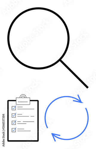 Magnifying glass for searching, checklist for task organization, circular arrows for continuous process. Ideal for research, planning, workflow, repetition, reviews organization progress. Flat