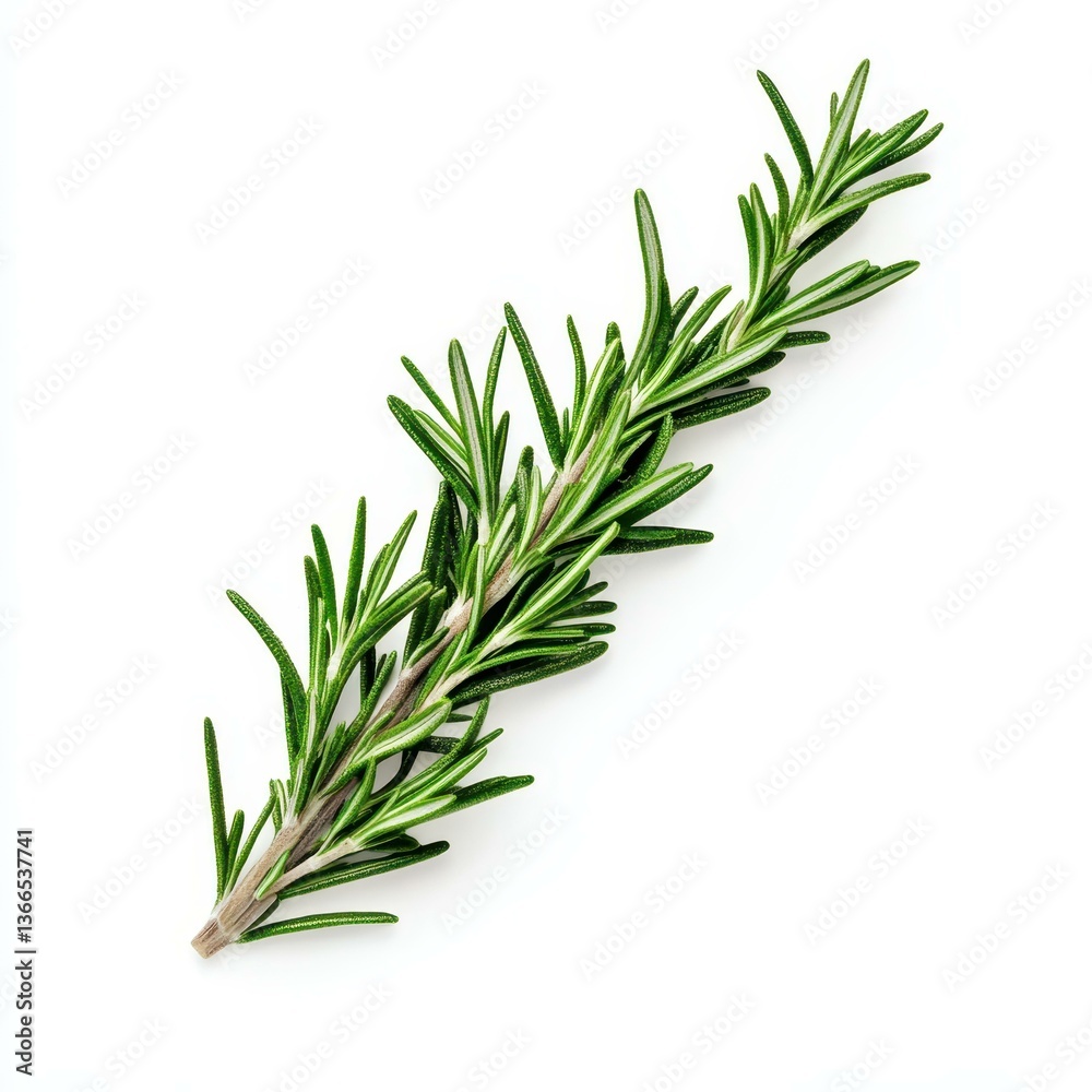 Fototapeta premium A vibrant fresh rosemary branch, with its aromatic needles, stands out against a clean white background.