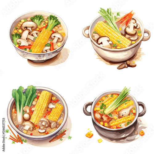 Set of healthy vegetable soup bowls with corn, mushrooms, and fresh herbs. Perfect for vegetarian, plant-based meals, and soup recipes in culinary, food, and wellness promotions.

