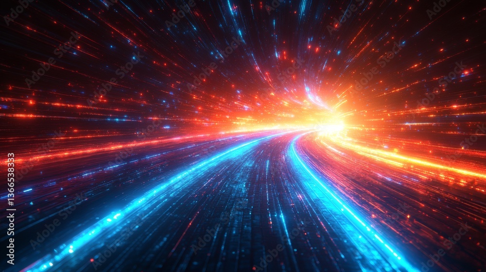 Fototapeta premium Vibrant light trails zoom through a tunnel of neon colors, creating an effect of speed and energy. The perspective draws the viewer into the heart of the dynamic scene.
